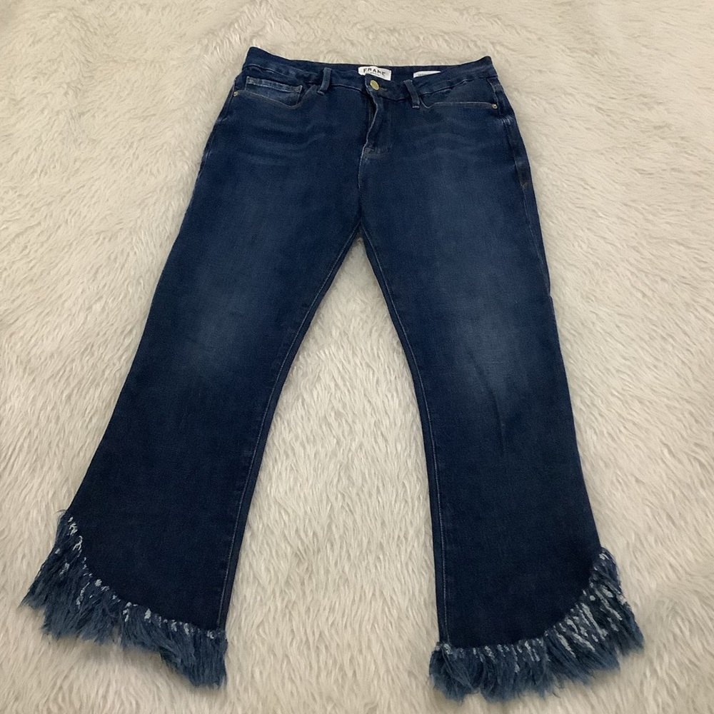 Frame women’s le crop mini boot fringe hem distressed denim jeans size 30